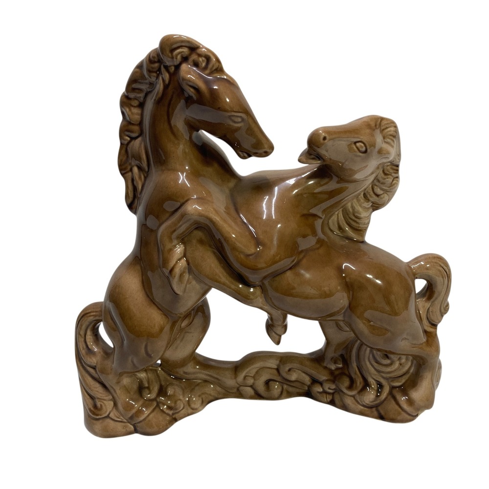 Vintage Mid Century Modern Brown Glazed Ceramic Rearing Horses‎ Figurine 11 n